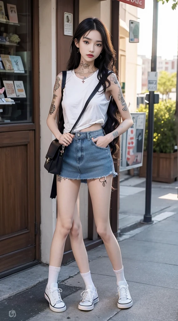 Masterpiece, Best quality, 1girll,stand posture,anatomy correct,Uniforms,White mid-tube socks,with tattoos,wavy and long hair,Accurate and delicate face,Accurate and perfect legs,Slender and slender figure,Skinny,Skinny,Smaller bust,Converse shoes,bookbag