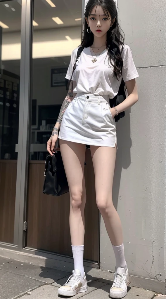 Masterpiece, Best quality, 1girll，stand posture，anatomy correct，Uniforms，White mid-tube socks，with tattoos，wavy and long hair，Accurate and delicate face，Accurate and perfect legs，Slender and slender figure，Skinny，Skinny，Smaller bust，Converse shoes，bookbag