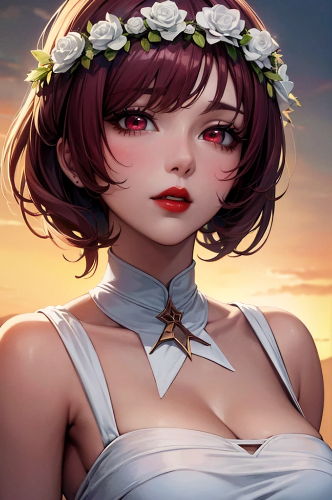 (masterpiece),(Highest quality:1.0), (Ultra-high resolution:1.0), Detail view, 8K, anime, One girl, beautiful anime girl, Wearing a dress, Flower Crown, Pretty face, Detailed face, Beautiful Eyes, Fine grain, Dark red eyes, Bright red lips, Red lipstick, Beautiful and stylish hair, Hair highlights, bangs anime style, Highest quality, Vibrant