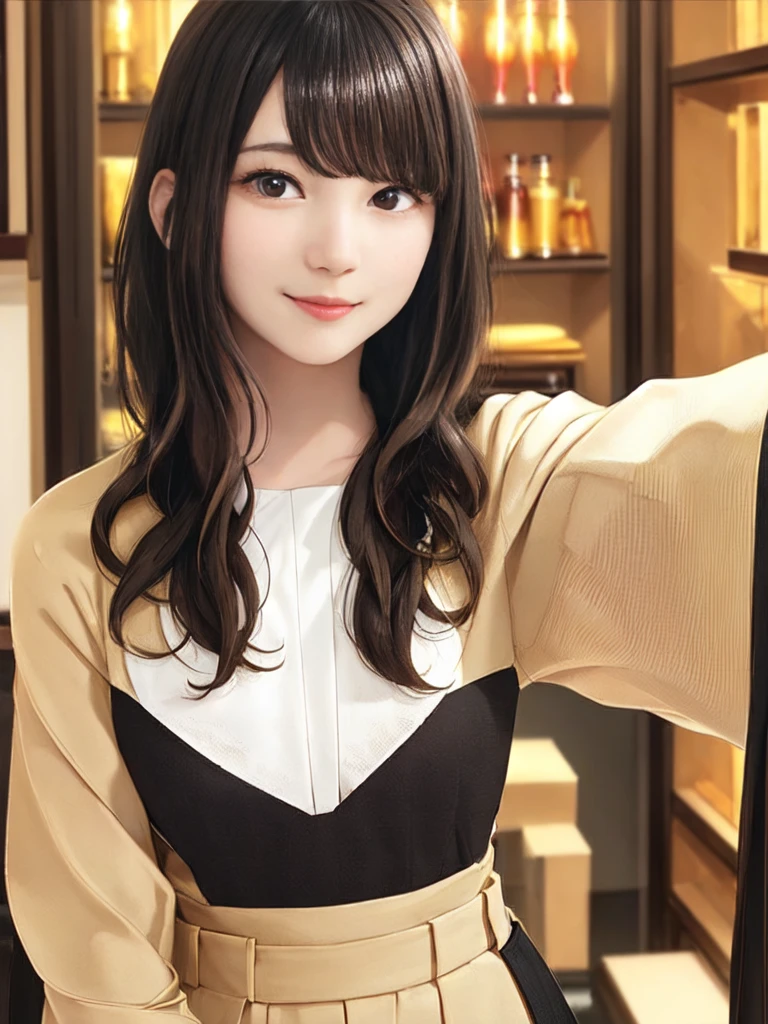 Highest quality, 8K, ,masterpiece :1.3)), In-person audience,((Whole body 1.2)) ,Beautiful woman, Wide Shot ,One girl, , Selfie , Black Hair, Brown Hair , bangs,Highly detailed face, Highly detailed lips, Fine grain, double eyelid 　front、Cute woman、 Perfect dynamic composition, Beautiful attention to detail, suit, Natural Lip, Natural Hair，　Black Background、　indoor、　indoor、