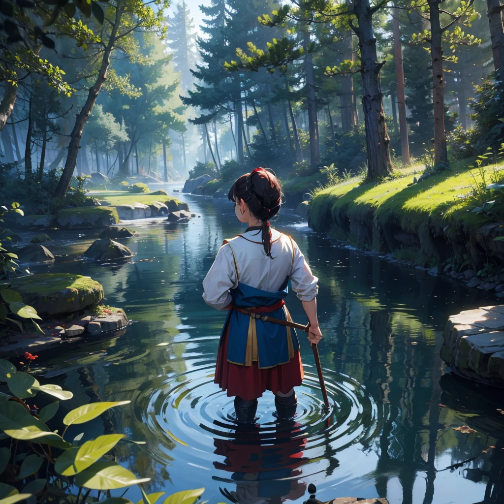 back view water dwarf in the forest with medieval outfit