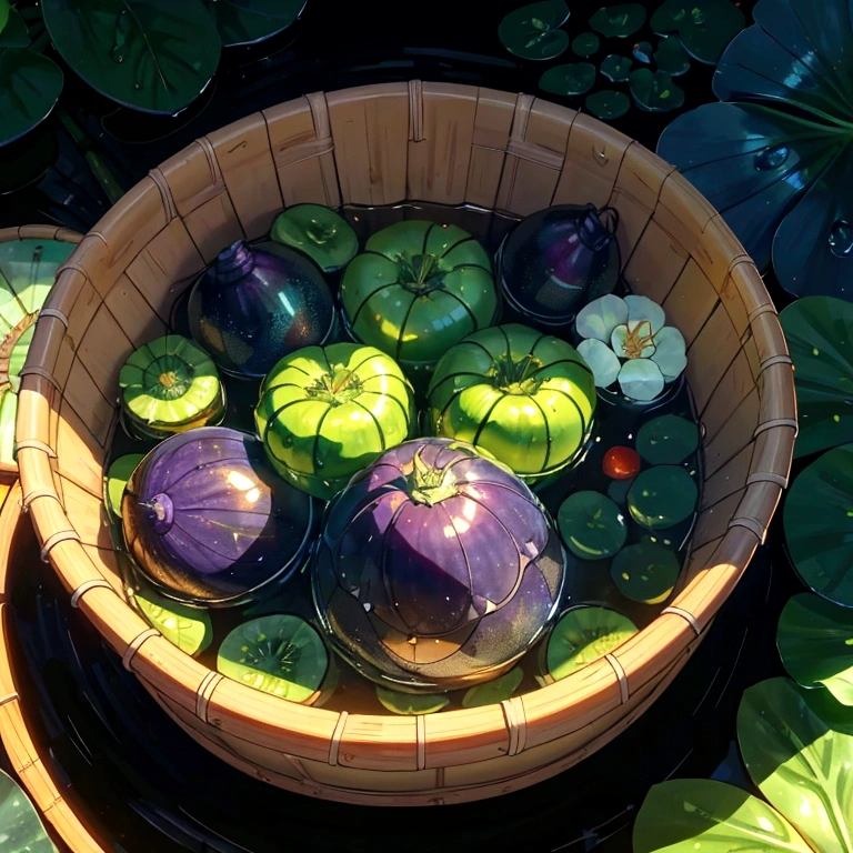 A close-up shot of a weathered bamboo basket, gently bobbing on the surface of crystal-clear water. Sunlight dances on the rippling surface, casting a shimmering net of light and shadow upon the basket and its contents. Three plump, red tomatoes, still damp from the cool water, nestle amongst four vibrant green cucumbers. Crowning the vibrant tableau are four long, deep purple eggplants, their smooth surfaces reflecting the azure sky above. Droplets of water cling to the sides of the vegetables, like tiny, iridescent jewels, catching the light and creating a mesmerizing spectacle of natural beauty. The air is alive with the sound of the gently flowing water and the promise of a delicious, sun-kissed meal. beautiful anime scenery, landscape painting, beautiful digital painting, andreas rocha, illustration of beautiful artwork, amazing wallpaper, raymond swanland, tall beautiful painting, studio ghibli makoto shinkai, beautiful wallpaper, anime scenery refreshing, nostalgic, summer, japan, nature, no humans simple, minimalist, close-up, 3 tomatoes, 4 cucumbers, 4 eggplants, floating basket, crystal clear water