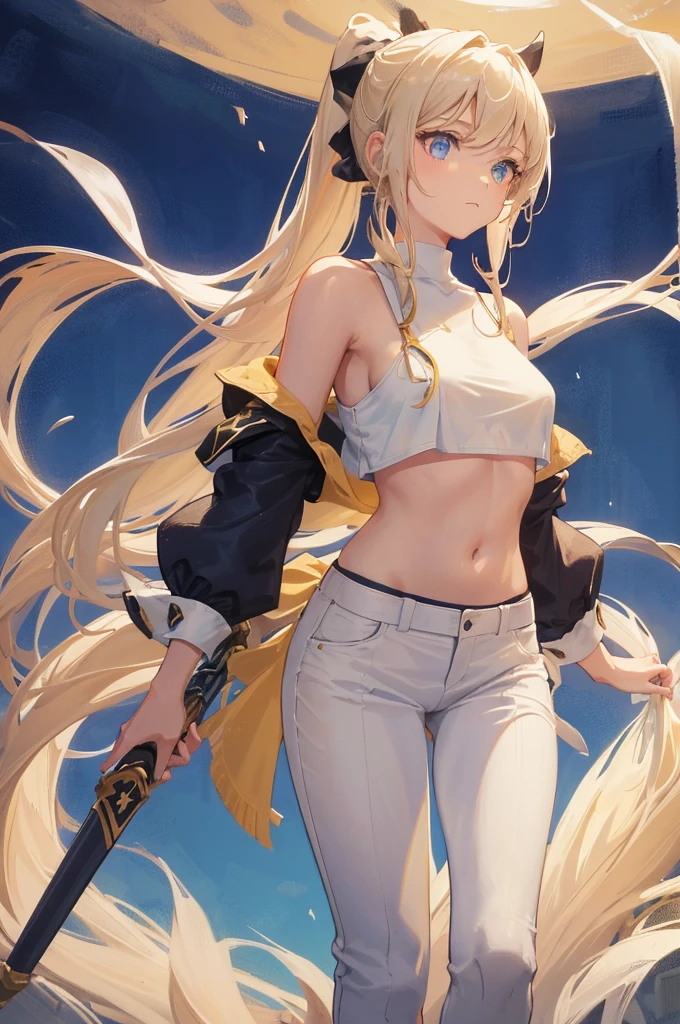 A young girl,A girl with long beige hair tied in a ponytail,A beauty with a dark blue scabbard on her waist,Bare white feet,Wearing a dark blue top,The lower body is white close-fitting equestrian pants