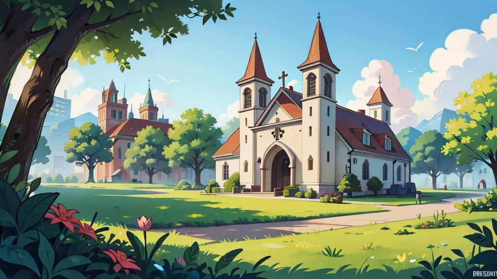 there is a church, some plants, citys