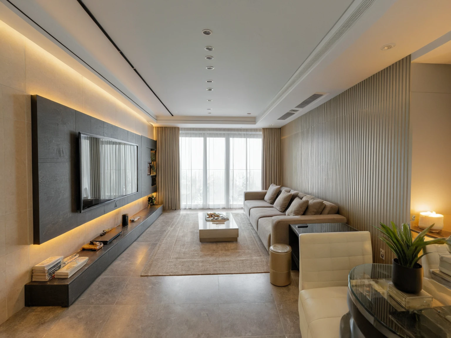 Masterpiece, HD, interior design, TV wall behind the TV, TV wall,French cream style, living room space, sofa, coffee table, green plants, floor-to-ceiling windows, curtains