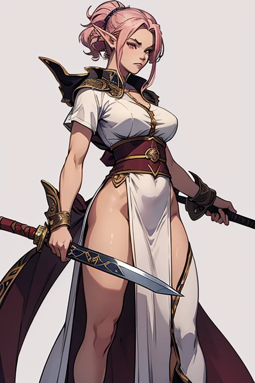 (artwork),(best quality:1.1),(ultra-detailed),best illustration,fine details,(portrait:1.1),(full-body intense close-up),watercolor drawing)floating,1 elf girl, alone, 18 years old, voluptuous, (extremely delicate and beautiful face), (detailed pink eyes), thick and pink lips, (disheveled hair) Female elf, huge breasts, (wearing a short white robe), soft and lazy, (simple background :1.2) full color background, full body with a large and sharp sword, standing in a threatening position, menacing expression, arrogant and cunning look, epic scene, of course, 4K SFW