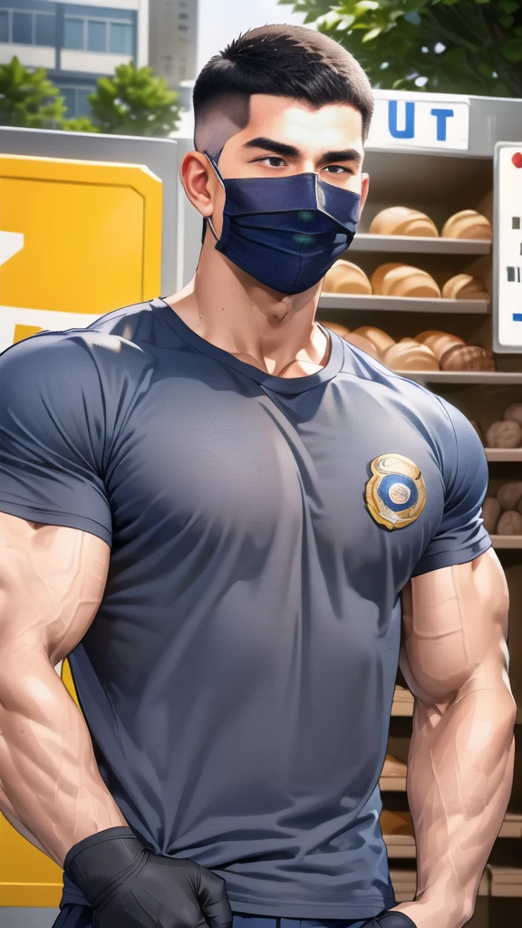 (handsome Man),(crew cut short hair:1.8),black eye,(Wear a fitted round neck t-shirt in navy with a police badge.:1.5),(fit neck),Navy blue jeans,(black_gloves:1.2), Korean guy,chest muscles,large arm muscles,blood vessel,Big muscles,Broad shoulders, (open mouth:1.2),(face up:1.2),(open eyes:1.5), middle of the road,smile,(backpack:1.3), In front of the bread shop ,(Cotton Mask:1.3