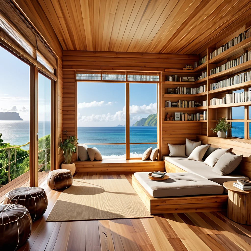 A serene and cozy reading nook with a breathtaking ocean view. The space features large windows with bamboo shades, allowing for plenty of natural light and offering a stunning view of the sea. A simple wooden bench is lined with books, and there are comfortable poufs for seating. The room's natural, minimalist design with wooden walls and flooring creates a tranquil and inviting atmosphere, perfect for relaxation and reading.