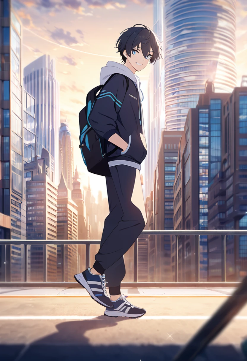 masterpiece,best quality,depth of field,8K,looking at the viewer,running shoes,black hair,blue eyes,afternoon,man,hands in pockets,smiling faintly,alone,Handsome,(chic eyes 1:1),wseifuku,Black jacket over white hoodie,hooded,Future city,man 1명,wearing a sports bag,Blurry BACKGROUND,Gym suit