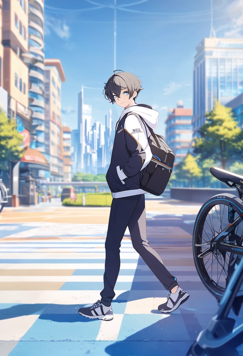 masterpiece,best quality,depth of field,8K,looking at the viewer,running shoes,black hair,blue eyes,afternoon,man,hands in pockets,smiling faintly,alone,Handsome,(chic eyes 1:1),wseifuku,Black jacket over white hoodie,hooded,Future city,man 1명,wearing a sports bag,Blurry BACKGROUND,Gym suit