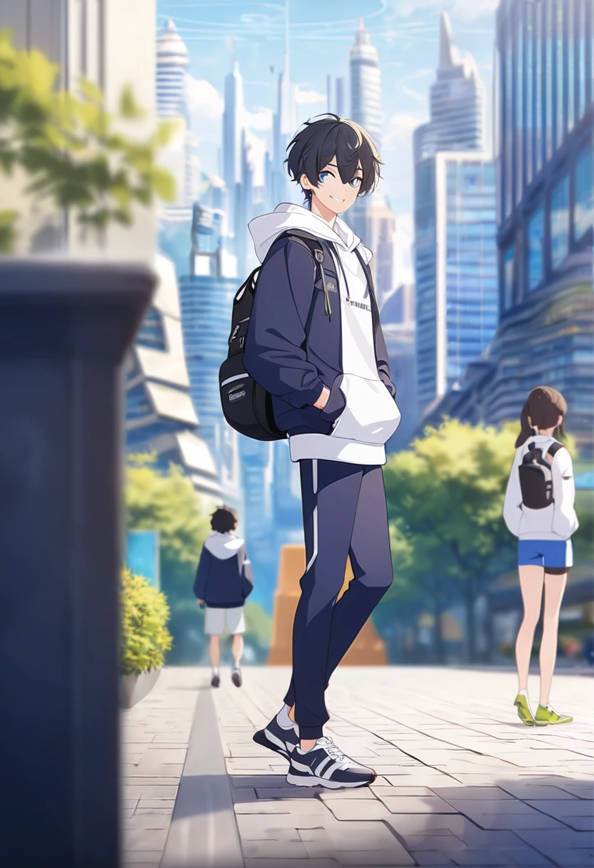masterpiece,best quality,depth of field,8K,looking at the viewer,running shoes,black hair,blue eyes,afternoon,man,hands in pockets,smiling faintly,alone,Handsome,(chic eyes 1:1),wseifuku,Black jacket over white hoodie,hooded,Future city,man 1명,wearing a sports bag,Blurry BACKGROUND,Gym suit