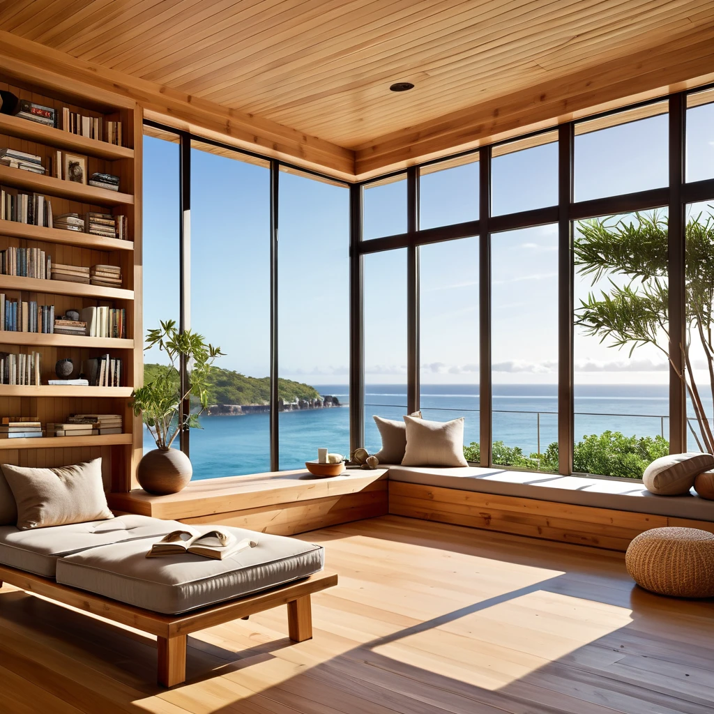 A peaceful reading corner designed to maximize ocean views and natural light. The space includes floor-to-ceiling windows with bamboo shades, a wooden bench filled with books, and soft poufs for comfortable seating. The minimalist interior is characterized by wooden walls and flooring, providing a warm and calming environment ideal for unwinding with a book while enjoying the serene seascape.