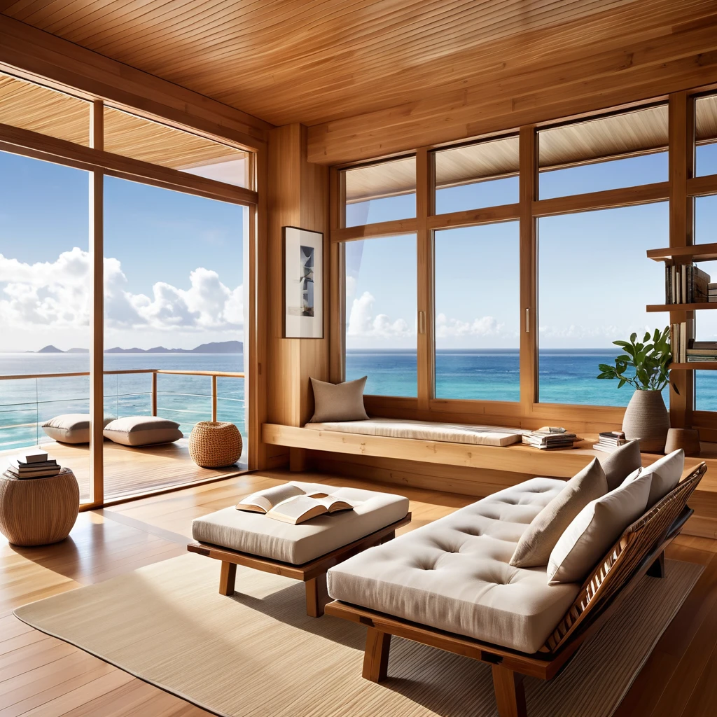 A peaceful reading corner designed to maximize ocean views and natural light. The space includes floor-to-ceiling windows with bamboo shades, a wooden bench filled with books, and soft poufs for comfortable seating. The minimalist interior is characterized by wooden walls and flooring, providing a warm and calming environment ideal for unwinding with a book while enjoying the serene seascape.