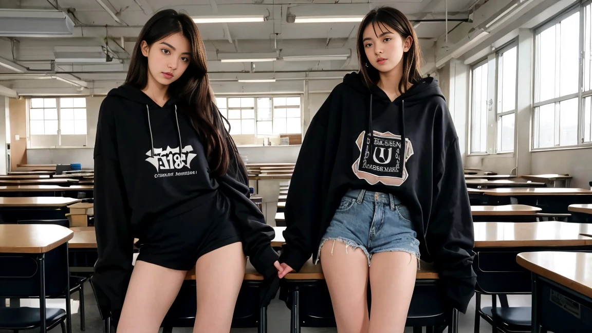 deux femmes ensemble de 18 ans sexy et mince qui se touche , black short sleeve hoodie , dans une salle de classe