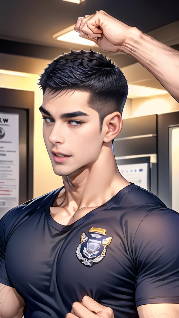 handsome man sit on the table ,(crew cut short hair:1.2),black eye,smile,open mouth (navy police uniform and t-shirt:1.2),(open shirt short sleeves:1.2),collar,(shirt covered over:1.2),(name tag and Police badge:1.2),(shirt no buttons:1.1),(black_gloves:1.3), (Navy blue cargo:1.2),Korean guy,korean men,(High gloss details),(chest muscles:1.2),(large arm muscles:1.2),blood vessel,Big muscles,Broad shoulders,looking at the audience,Balancing the eyes,middle of the road,(stage:1.4)