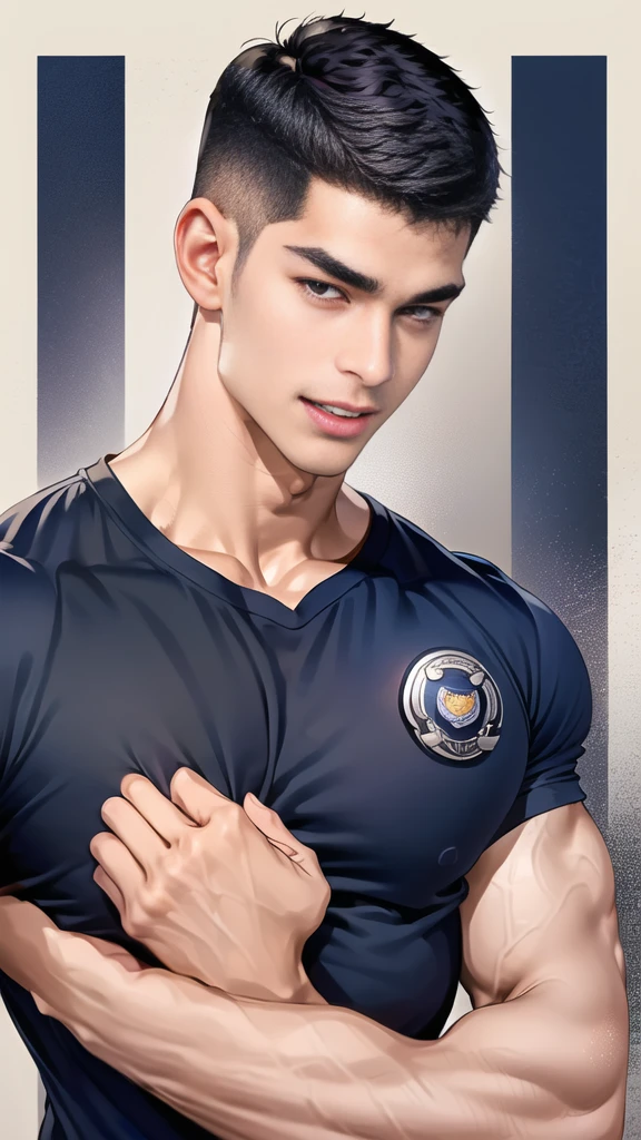 (handsome Man),(crew cut short hair:1.8),black eye,(Wear a fitted round neck t-shirt in navy with a police badge.:1.5),(fit neck),Navy blue jeans,(black_gloves:1.2), Korean guy,chest muscles,large arm muscles,blood vessel,Big muscles,Broad shoulders, (open mouth:1.2),(face up:1.2),(open eyes:1.5), middle of the road,smile, In the bread shop, (bread in hand)