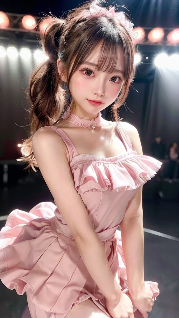 blush,small breasts,14 years old,long hair ponytail,on stage,Are standing,((8K, Raw photo, best quality, muste piece:1.2), (Reality, photorealistic:1.4), (Highly detailed 8K wallpaper), Depth of the bounds written, cinematic lighting, soft light, detailed beauty eye,Shiny and smooth light brown ponytail, asymmetrical bangs, shiny skin, super detailed skin ,high resolution, high detail, detailed hairstyle, detailed beauty face, hyper real, perfect limbs, perfect anatomy ,1 Japanese girl,famous japanese idol, perfect female body,shy smile,short eyelashes,double-edged eyelids,look straight here,Hair style is ponytail、Pink colored long dress with lots of ruffles, softly shaped skirt, standing on stage,pink ribbon on head,She wears a long skirt with lots of frills.,Neat clothes
