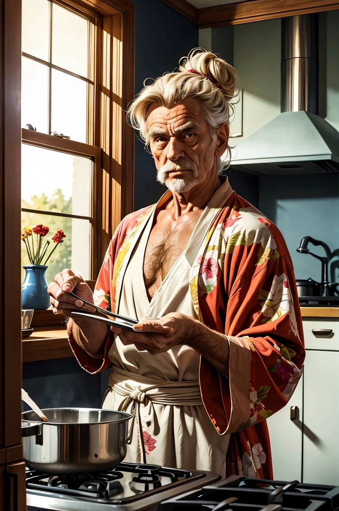 An older man, eccentric and down to earth, moody, with wrinkles, with his hair tied up in a messy bun, wearing a tightly tied floral robe, a cigarette dangling from the corner of his mouth. He is standing in front of a stove preparing eggs for breakfast, facing the camera with a quote balloon saying “who said good morning”. kitchen counter with a sink and a window over the sink in the background