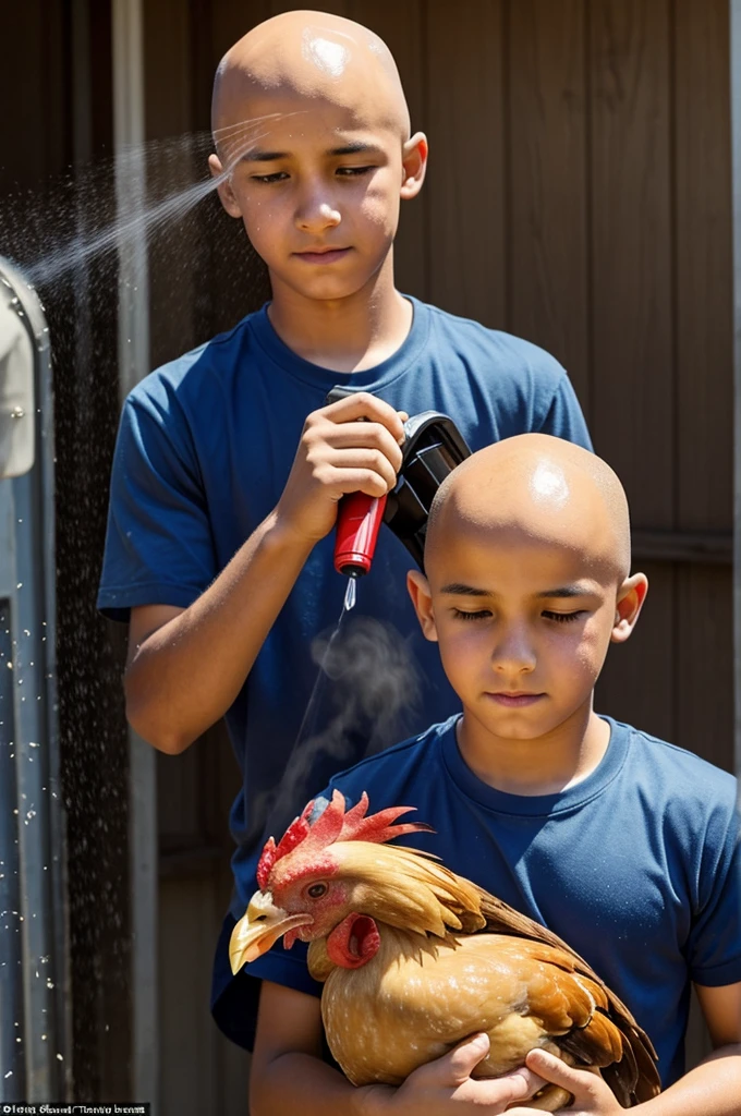The 15-year-old boy held the bald chicken towards his face and sprayed water on the chicken