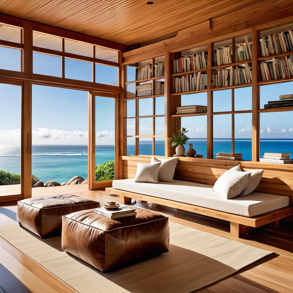 A minimalist reading space overlooking the ocean, featuring large windows with bamboo shades that offer an uninterrupted view of the sea. The interior includes a wooden bench stocked with books and a few plush poufs for comfortable seating. The natural wood elements throughout the room, combined with the panoramic ocean view, create a serene and cozy atmosphere, perfect for reading and relaxation