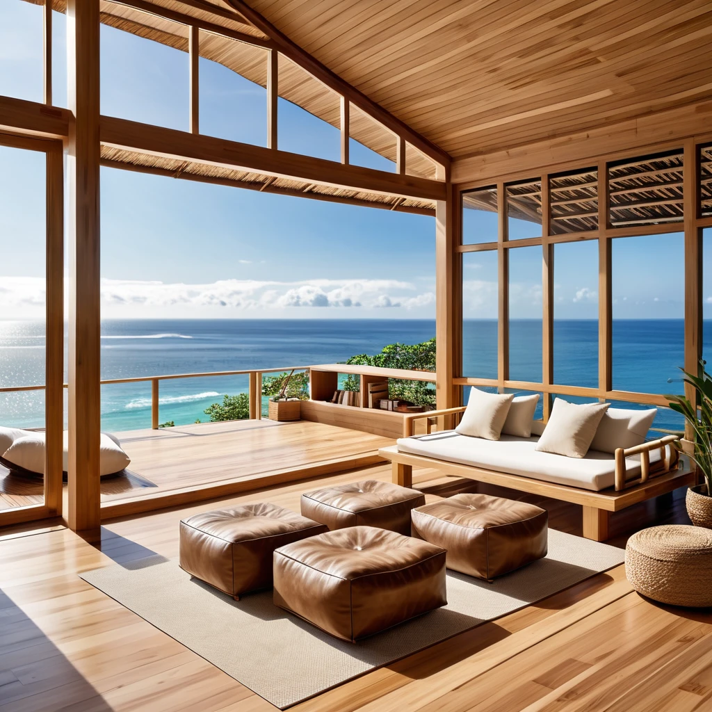 A minimalist reading space overlooking the ocean, featuring large windows with bamboo shades that offer an uninterrupted view of the sea. The interior includes a wooden bench stocked with books and a few plush poufs for comfortable seating. The natural wood elements throughout the room, combined with the panoramic ocean view, create a serene and cozy atmosphere, perfect for reading and relaxation