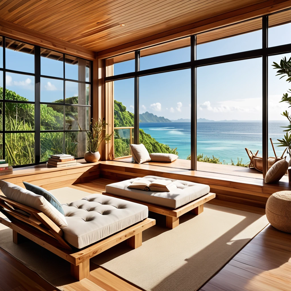 A minimalist reading space overlooking the ocean, featuring large windows with bamboo shades that offer an uninterrupted view of the sea. The interior includes a wooden bench stocked with books and a few plush poufs for comfortable seating. The natural wood elements throughout the room, combined with the panoramic ocean view, create a serene and cozy atmosphere, perfect for reading and relaxation