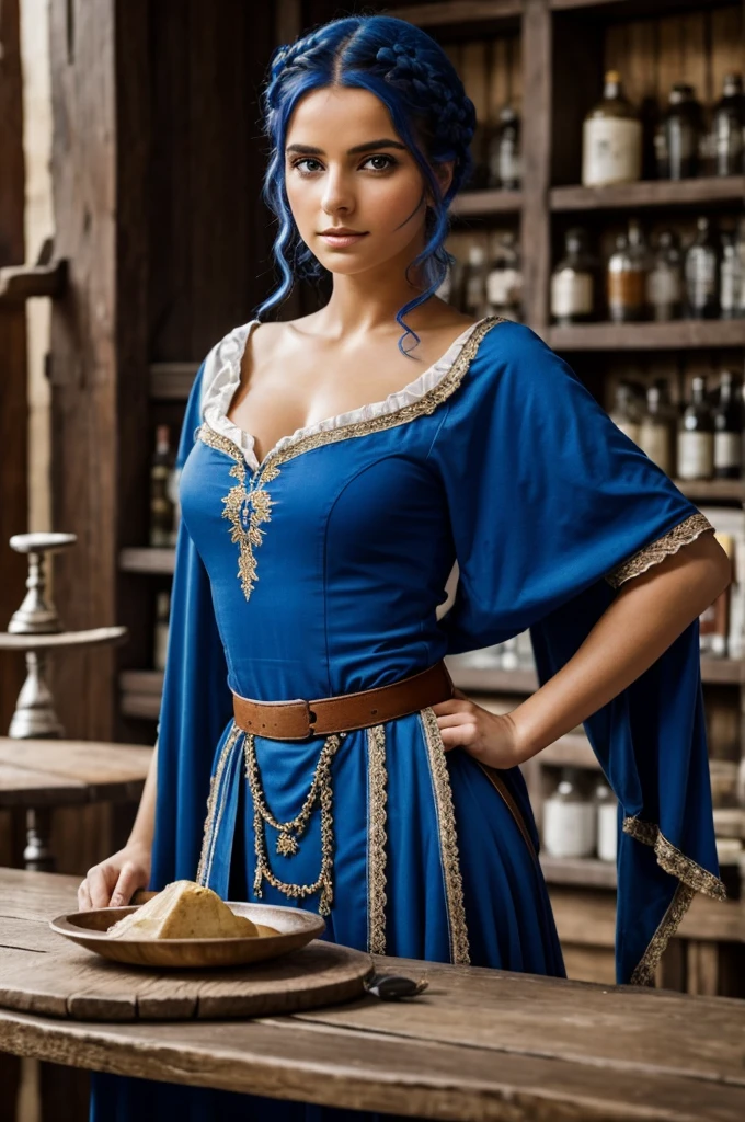 Darck fantesy, mage, femme, (peau lumineuse), (peau parfaite), yeux parfaits bleus, cheveux long argentés, tenue de magicienne bleue complexe details argentés, regard malicieux, fond taverne, rustique, medieval, assise à une table rusique, Épique, fantesy, médiéval 