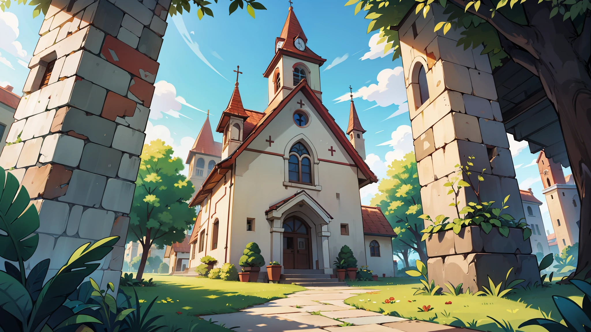 there is a church, some plants, citys