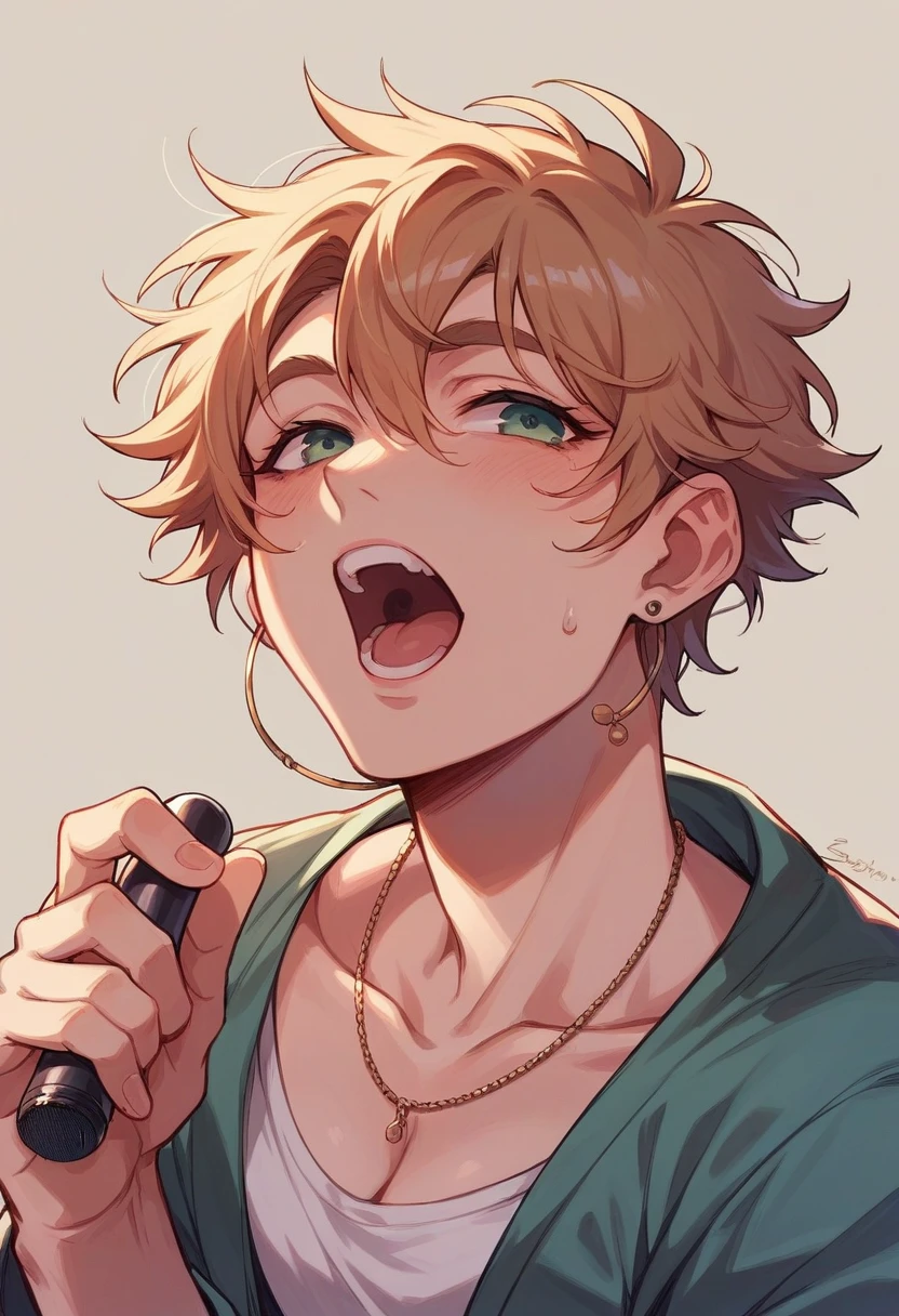 Beautiful young man, blond hair, black sleeveless hoodie, black headband across forehead, playful expression, looking at camera, microphone in one hand, stage background, green stage lights, gradient background,high quality, amount of drawing, pixiv illustration