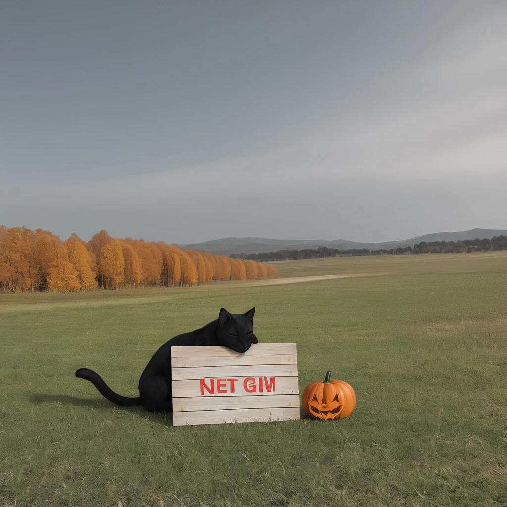 A black and white cat holds in a single paw a wooden sign that says: "eat, sleep, repeat" and holds a pumpkin in other paw, the photo was taken in a green field at day, clear sky