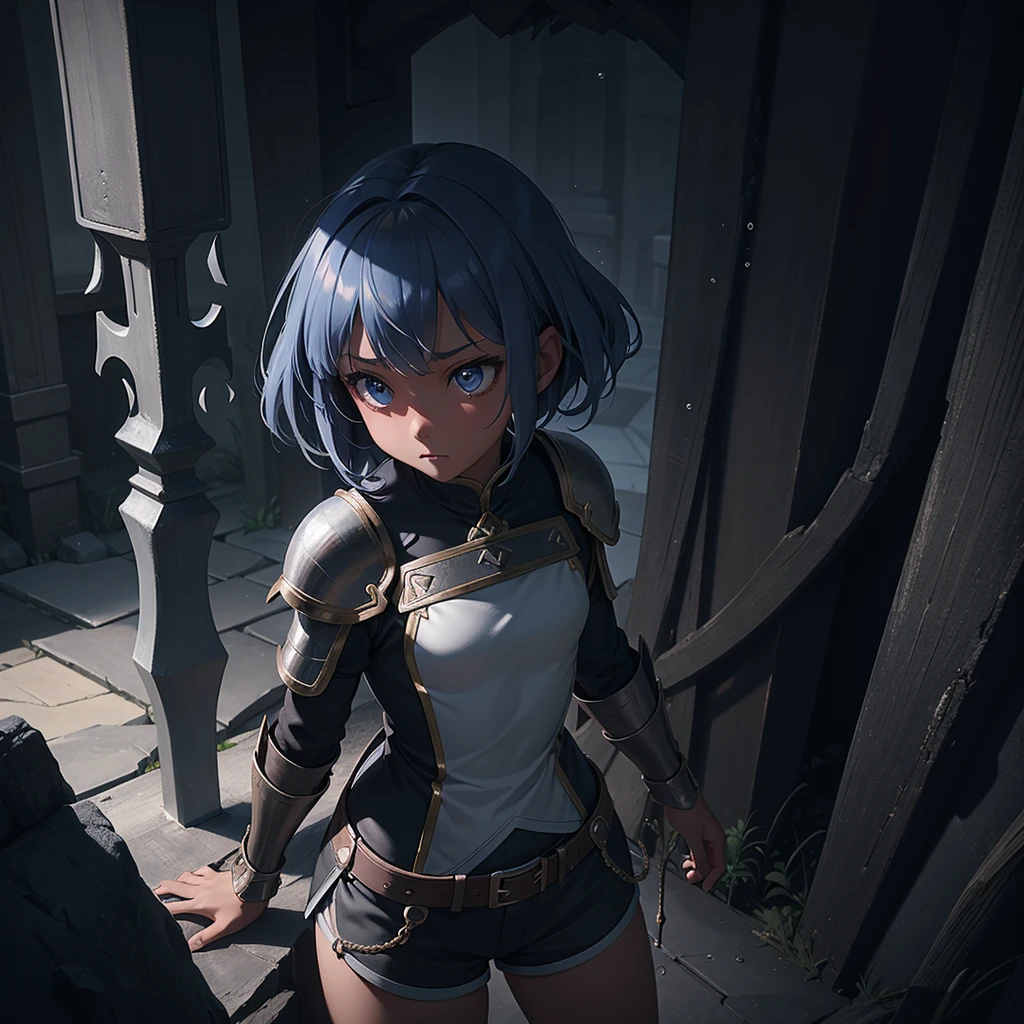 最high quality、high quality、Simple Cloth Armor、10Year-old girl adventurer、Descend the maze stairs、Shorts、Equipped with a dagger and a shield、In a dark maze、The body is covered in a slimy, jelly-like substance.