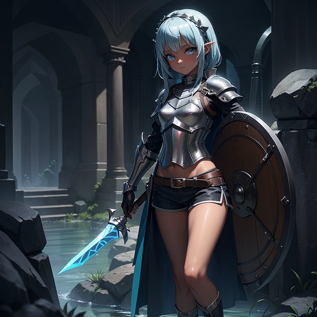 最high quality、high quality、Simple Cloth Armor、10Year-old girl adventurer、Pitch-dark underground labyrinth、No light、A slimy liquid is poured onto the body、Shorts、Equipped with a dagger and a shield