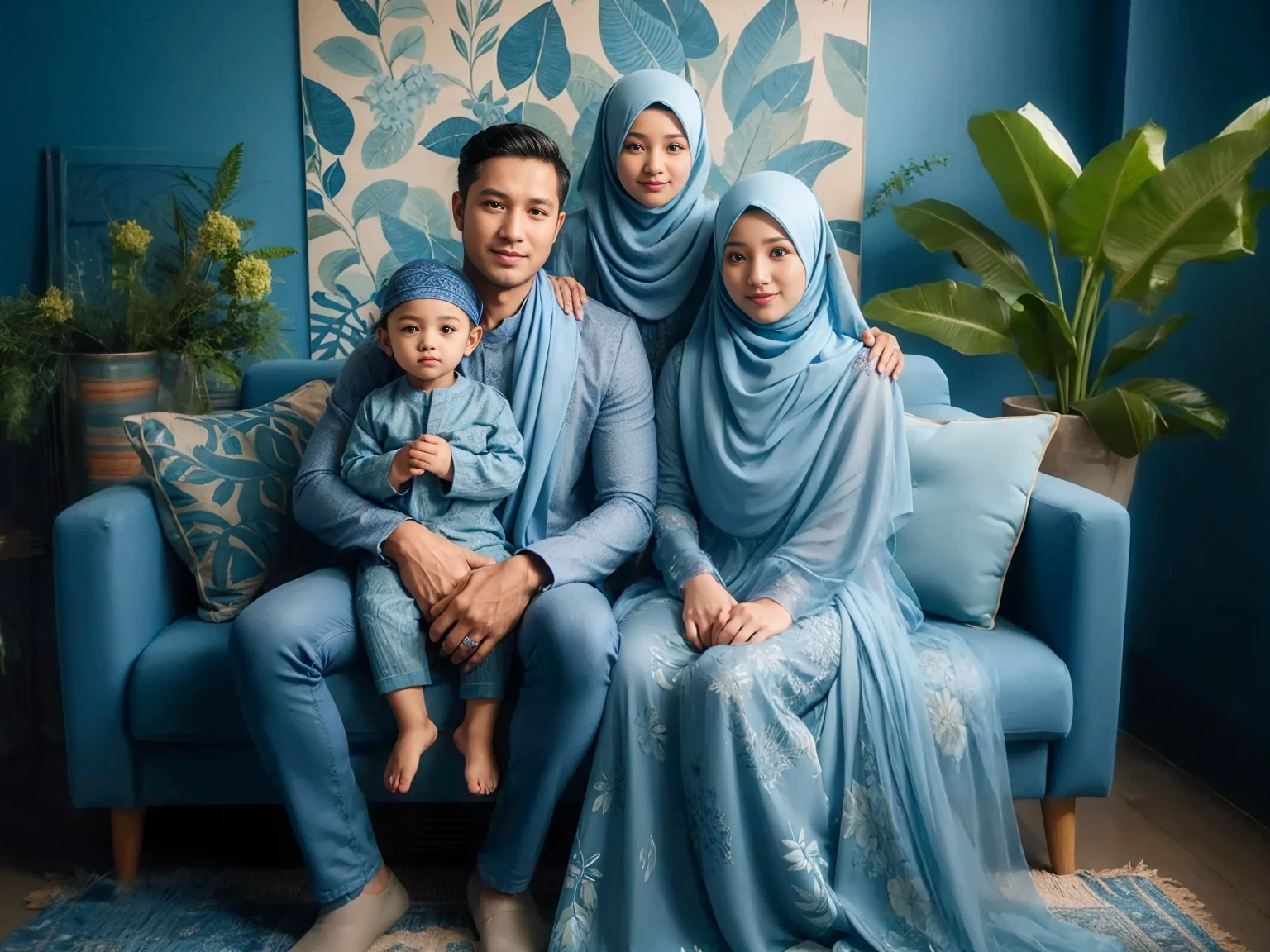 Studio Photography, close up, Indonesian family, 4 members, sits on sofa, a man aged 34 short crew hair and a woman aged 34 wearing long compliant pashmina hijab in sky blue color holding one little boy aged 1 years, accompanied by a girl aged 7 years, wearing hijab, all wearing exclusive blue sky muslim clothes and blue sky gamis sharia dress with long compliant sharia hijab in sky blue color, sets in a studio with blue leaf patterned walls, warm hug pose, green flower vases, side tables, fresh color, 8k, photography, UHD.