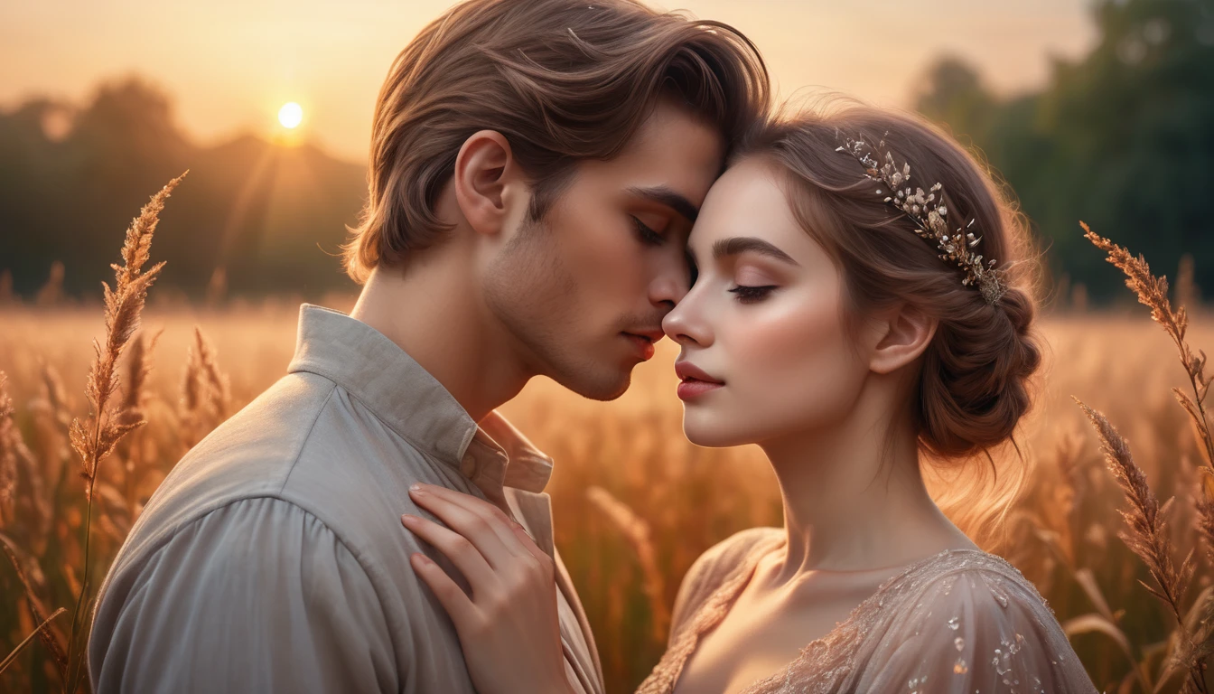 detailed portrait of two young lovers, romantic couple, mystical field, warm lighting, dreamlike, highly detailed, intricate, photorealistic, cinematic composition, soft colors, glowing aura, ethereal atmosphere, lush foliage, magical realism, beautiful detailed eyes, beautiful detailed lips, extremely detailed eyes and face, long eyelashes, elegant poses, passionate embrace, fairytale-like, (best quality,4k,8k,highres,masterpiece:1.2),ultra-detailed,(realistic,photorealistic,photo-realistic:1.37),HDR,UHD,studio lighting,ultra-fine painting,sharp focus,physically-based rendering,extreme detail description,professional,vivid colors,bokeh