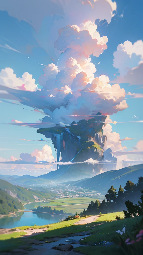 Masterpiece, best quality, high quality, extremely detailed CG unity 8k wallpaper, landscape, outdoor, sky, cloud, sky, no humans, mountain, landscape, water, tree, blue sky, waterfall, cliff, nature, lake, river , cloudy skies, award winning photography, bokeh, depth of field, HDR, bloom, chromatic aberration, photorealism, very detailed, trending on artstation, trending on CGsociety, intricate, high detail, dramatic, midjourney art