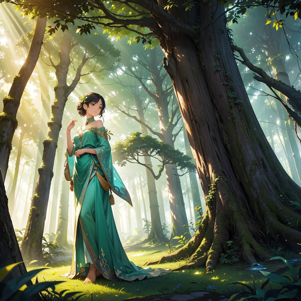 Picture a magical forest where ancient trees loom tall, their branches intertwined to form a verdant canopy overhead. Amidst the dappled sunlight, discover a unique plant unlike any seen before: its slender stem rises from the forest floor, adorned with iridescent leaves that shimmer with a soft, mystical glow. Each leaf is delicately shaped like a star, reflecting the hues of dawn and dusk in shifting patterns. The air around it hums with a gentle, soothing melody, as if the plant itself whispers secrets of the forest's ancient magic. Capture the enchantment and allure of this mystical plant within the serene and timeless beauty of the forest, where every leaf holds a tale of wonder waiting to be told."