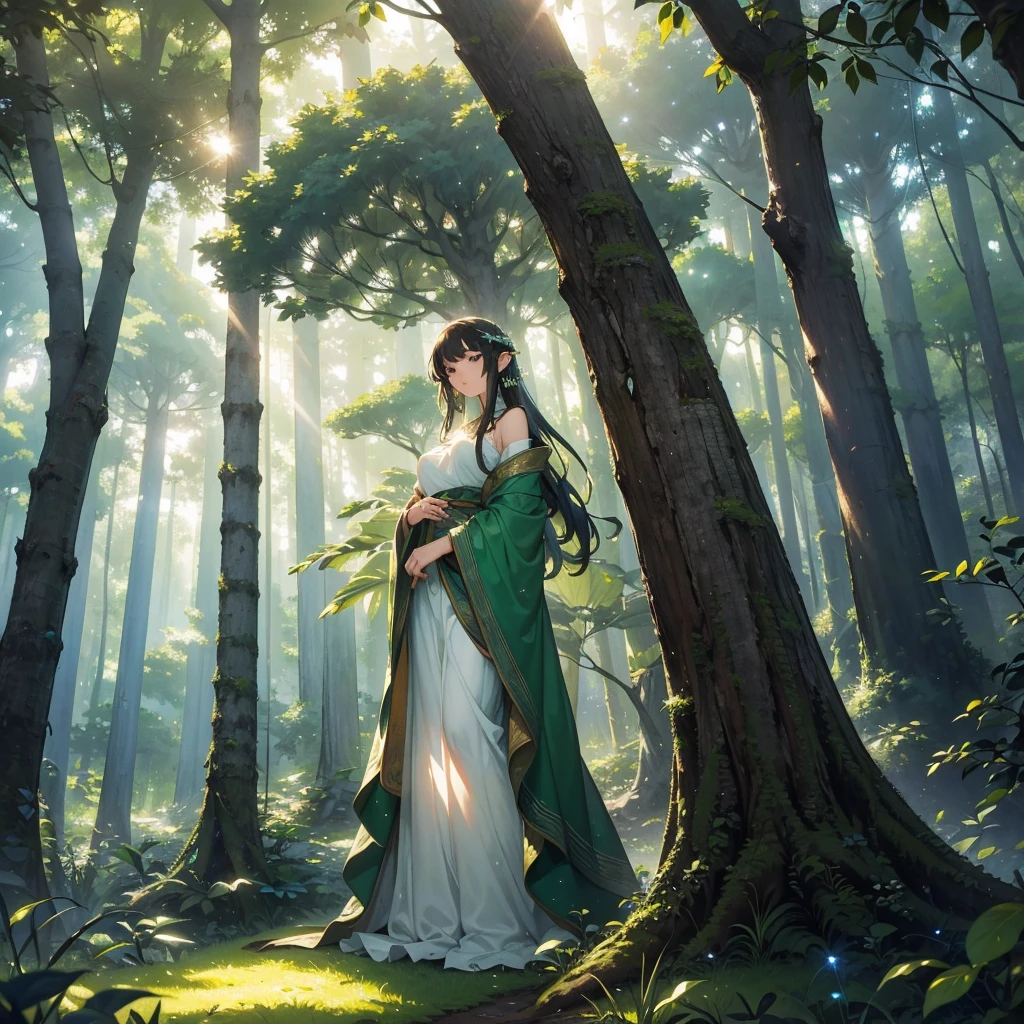 Picture a magical forest where ancient trees loom tall, their branches intertwined to form a verdant canopy overhead. Amidst the dappled sunlight, discover a unique plant unlike any seen before: its slender stem rises from the forest floor, adorned with iridescent leaves that shimmer with a soft, mystical glow. Each leaf is delicately shaped like a star, reflecting the hues of dawn and dusk in shifting patterns. The air around it hums with a gentle, soothing melody, as if the plant itself whispers secrets of the forest's ancient magic. Capture the enchantment and allure of this mystical plant within the serene and timeless beauty of the forest, where every leaf holds a tale of wonder waiting to be told."