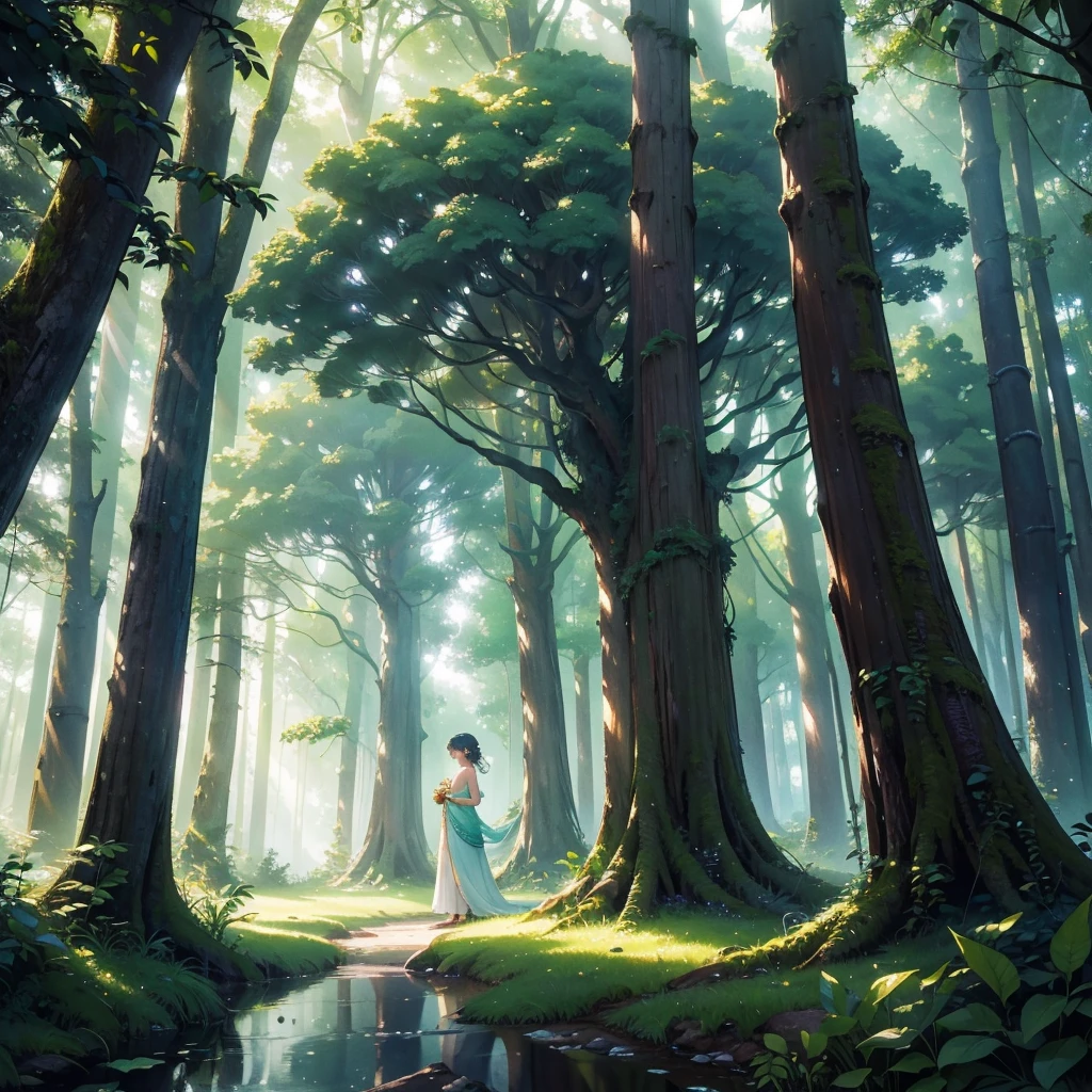Picture a magical forest where ancient trees loom tall, their branches intertwined to form a verdant canopy overhead. Amidst the dappled sunlight, discover a unique plant unlike any seen before: its slender stem rises from the forest floor, adorned with iridescent leaves that shimmer with a soft, mystical glow. Each leaf is delicately shaped like a star, reflecting the hues of dawn and dusk in shifting patterns. The air around it hums with a gentle, soothing melody, as if the plant itself whispers secrets of the forest's ancient magic. Capture the enchantment and allure of this mystical plant within the serene and timeless beauty of the forest, where every leaf holds a tale of wonder waiting to be told."