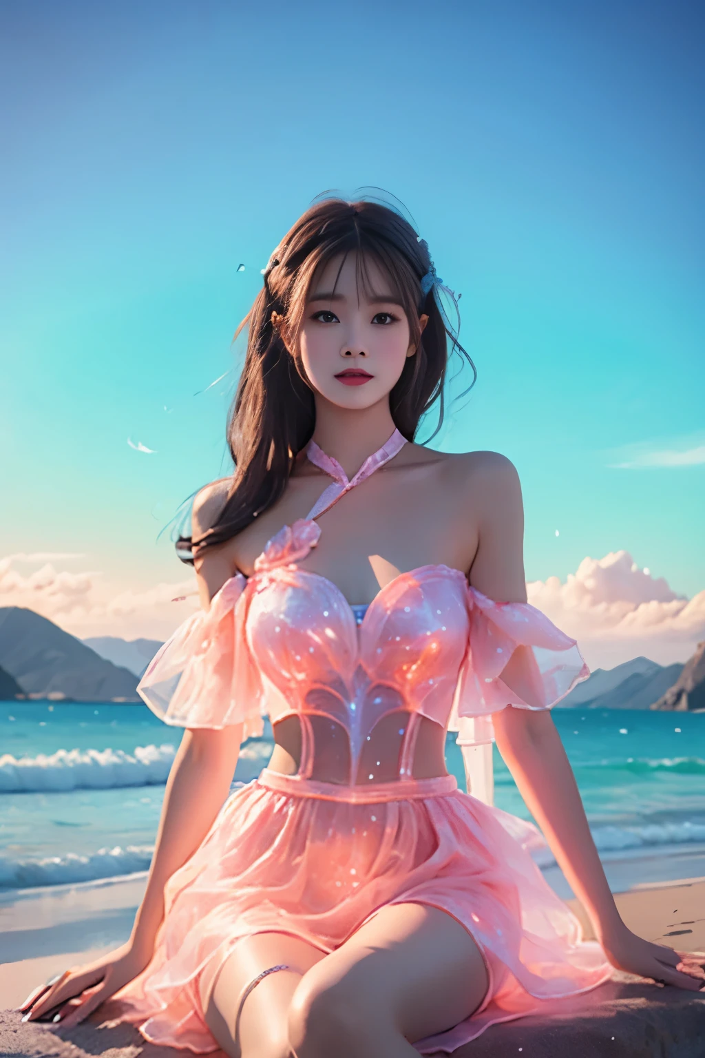 bioluminescent dress, ((knee shot)), ((Large Breasts)), ((E cup)), ((I-type Valley)), ((Bare shoulder)), ((Nice long legs)), Visible cleavage，Highly detailed face and skin texture， Double eyelids，Skin Whitening，Long hair，Whitening long legs，Standing by the sea, Fashion Girl, Red lips, Sweet Girl, Beautiful makeup, detail, lifelike, Very detailed, Astonishing, beautiful, Young and energetic, high quality，HD, Colorful， Beautifully, Smooth skin, Official Art, Extremely detailed, Movie atmosphere, Soft colors, Natural skin texture, Random scene, random shooting Angle