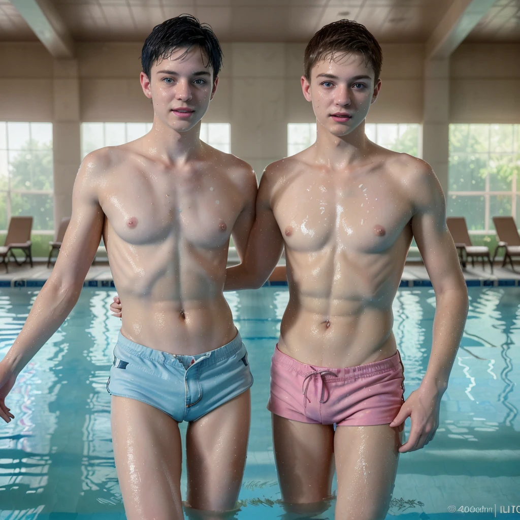 Two 20 year old twink boy with a thin body, short black hair, beautiful blue eyes, beautiful red lips, wearing pink light shorts and transparent shorts, swimming in an indoor pool, doing backstroke, with a sweet expression, sweating, with belly and feet visible, toes touching the watter, (best quality,4k,8k,highres,masterpiece:1.2),ultra-detailed,(realistic,photorealistic,photo-realistic:1.37),HDR,UHD,studio lighting,ultra-fine painting,sharp focus,physically-based rendering,extreme detail description,professional,vivid colors,bokeh,portrait