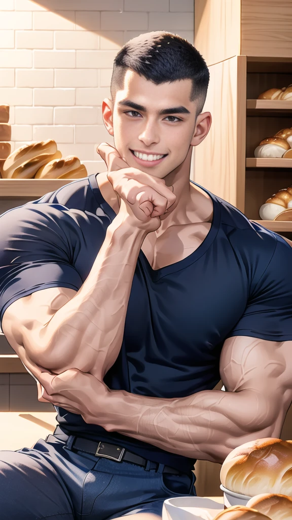 (NSFW: 1.5), (handsome Man sitting on table eating bread ),(crew cut short hair:1.8),black eye,(Wear a fitted round neck t-shirt in navy with a police badge.:1.5),(fit neck),Navy blue jeans,(black_gloves:1.2), Korean guy,chest muscles,large arm muscles,blood vessel,Big muscles,Broad shoulders, (open mouth:1.2),(face up:1.2),(open eyes:1.5), middle of the road,smile, In the bread shop,