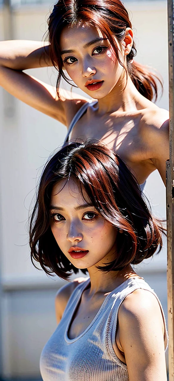 arafed woman Con cabello rojo and a white top posing for a picture, ulzzang, jossi de blackpink, parque roseanne de blackpink, heonhwa choe, sun yunjoo, portrait of jossi de blackpink, con el pelo largo y rojo, sha xi, Jennie rosa negra, kim doyoung, aparcar desde-min, jinyoung shin, Con cabello rojo
