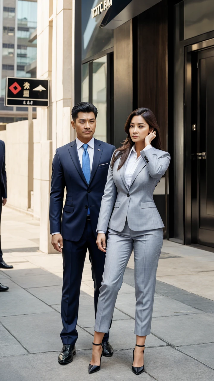 The character wearing a business suit and amny bodyguard behind with a female assistant 