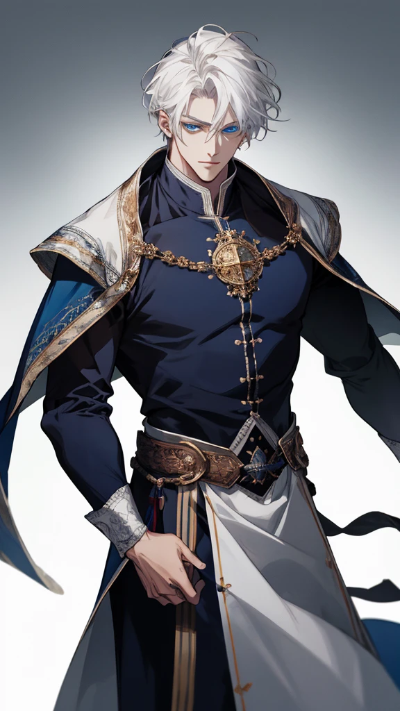 (extreamly delicate and handsome:1.2), 8K,(шедевр:1.0),(best_quality:1.0), 1man,, finely eye and detailed face, white simple medieval outfit, ruinscape background, (closed mouths),long white hair, Perfect eyes, blue sea eyes, Equal eyes, (A male god)