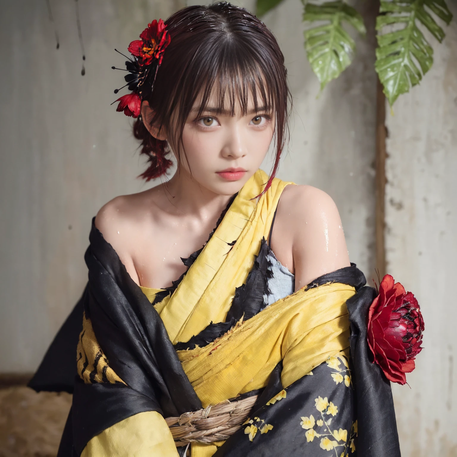 (Torn clothes:1.5),(Wet clothes:1.4),Bare shoulders,Real rain,Short black hair,(((Red flower hair ornament,Yellow eyes))),((Black kimono with spider web painting on shoulder)),Wet hair,White shirt,Best quality,Masterpiece,Ultra high resolution,(Fidelity:1.4),Photo,1 girl,[(Sadness)],Dim,Gloomy,Hopeless,Sympathetic,Pathetic,Cinematic,Tears,Teardrop,