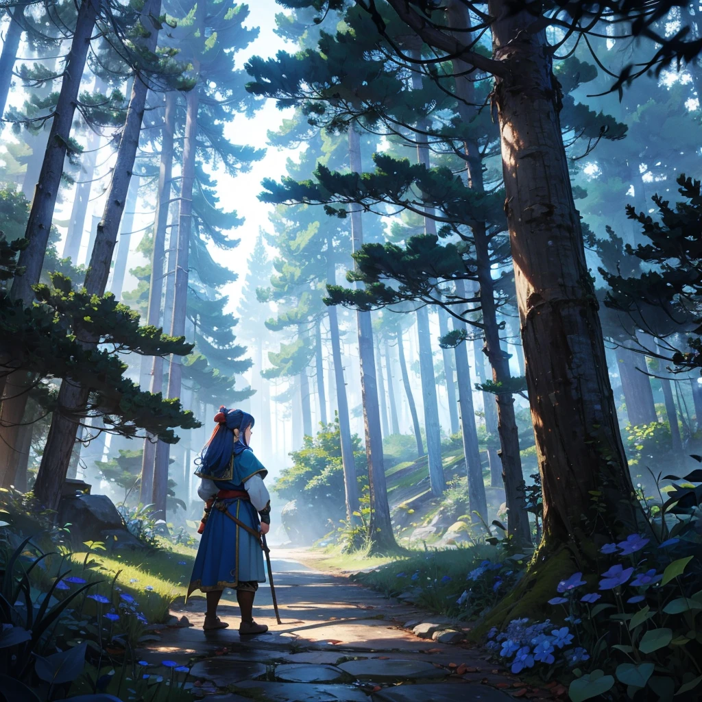 back view blue water dwarf in the forest with medieval outfit
