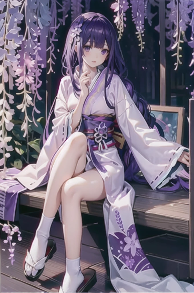 (MP-E, macro, 65mm, f/2.8), ultra realistic,32k,RAW photo,(high detailed skin:1.2), 8k uhd, high quality,1girl, solo,see-through,full body,sitting,Raiden_Ei, (purple hair:1.3),bangs,japanese clothes,solo,light purple kimono,tabi,hair ornament,long hair,logs,long hair,white socks,bare leg,sash,wide sleeves,wisteria, wisteria flower,  