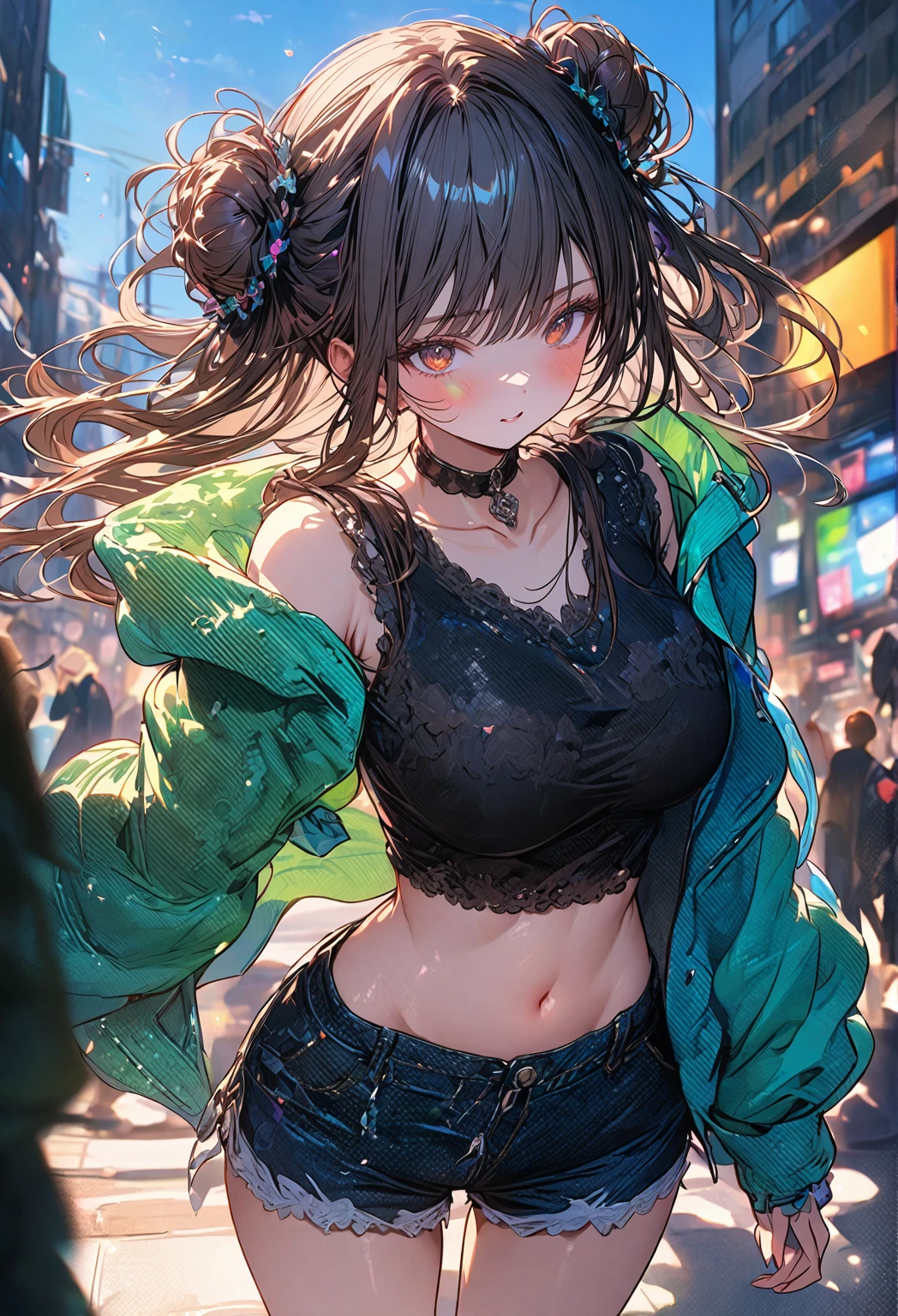 ((masterpiece:0), best quality, very aesthetic, newest, absurdres, detailed, high quality)
BREAK
highest quality, top quality, details, highres, ultra fine painting, digital art, official art, cinematic, 4k, 8k resolution, 8K CG wallpaper, CG, original artwork, detailed background, colorful background, blue atmosphere, High Dynamic Range, blurry background, blue hour, Starburst effects, crepuscular rays, good ISO, high resolution, wide shot, from far away, RAW photo, POV, sharp focus, light reflection, reflections, intricate details, soft light, particle noise, professional photography, bokeh, depth of field, natural lighting, vibrant colors, looking away, detailed lights and shadows, stylish, ultra-detailed, top rated on Pixiv, trending on Artstation, niji style, modern-days, master crafted, pose
BREAK
solo, close up shot, from above, 1girl, pale skin, correct fingers, detailed hand, (big tight breasts:1.2), big thighs, small torso, short body, flushtered, blush, anxious expression, casual, slim, ((cute, childlike face):1.3), nice hips, nice body, brown hair, (long flowing hair, (big 2 buns hairstyle)), long bangs, long hair, middle hair bangs, brown eyes
BREAK
(black string closed tank top, choker, off shoulder open green hoodie, (tummy skin), open unbuttoned shorts, many colors outfit ornaments)
BREAK
a person walking down a street with a crowd of people, crowded street, crowded streets, in front of a large crowd, giant crowd, girl walking through city, people walking down a street