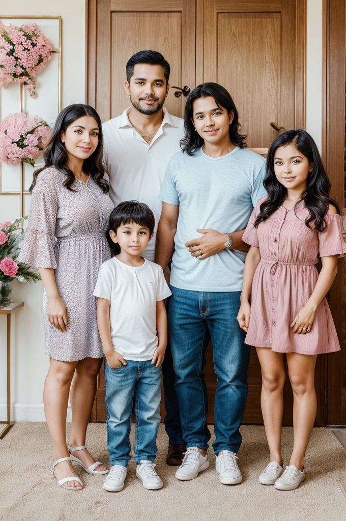 Big family picture. Young husband and wife with two small children, along with parents who are in their 50s. Aesthetic picture of the whole family. For vision board. 