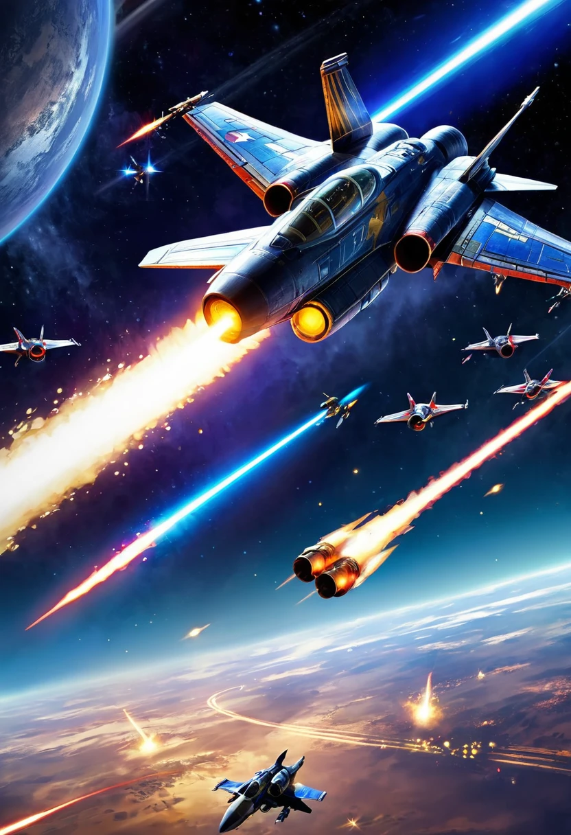 fierce dogfight small spacecrafts space darkness pilots agile maneuvers incredible speeds laser fire shoot down opponents twinkling stars light streaks combat fighters breathtaking battle infinite expanse stage tension-filled,